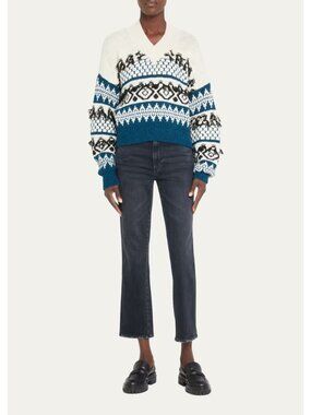 AMO Blue & White Alpaca Wool Fringe Knit Pullover Sweater, Size S